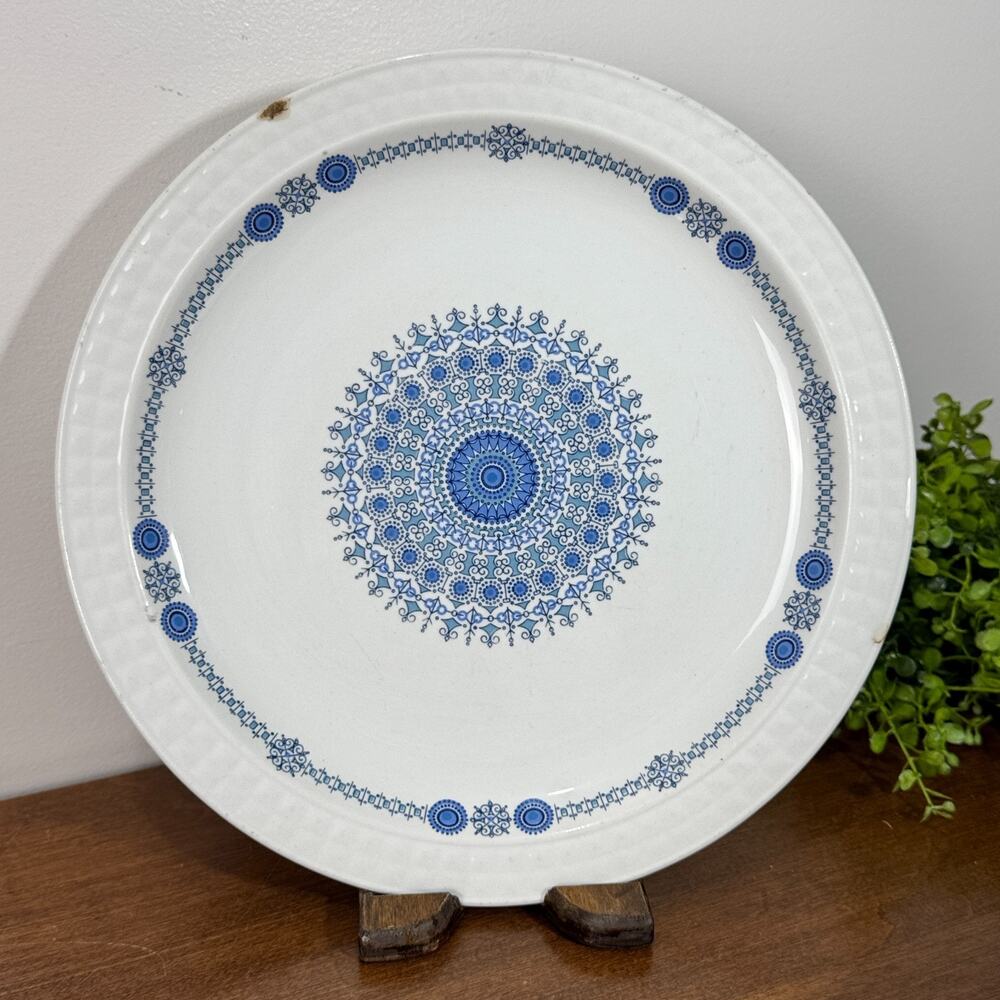 Vintage Pontesa Spain Ironstone Blue Geometric Dinner Plate 10" Rim Chip R78